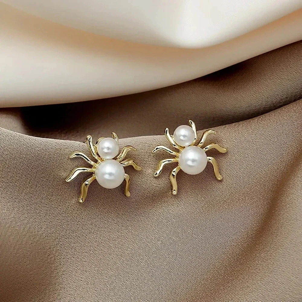 Gold Pearl Spider Stud Earrings - Women Jewelry